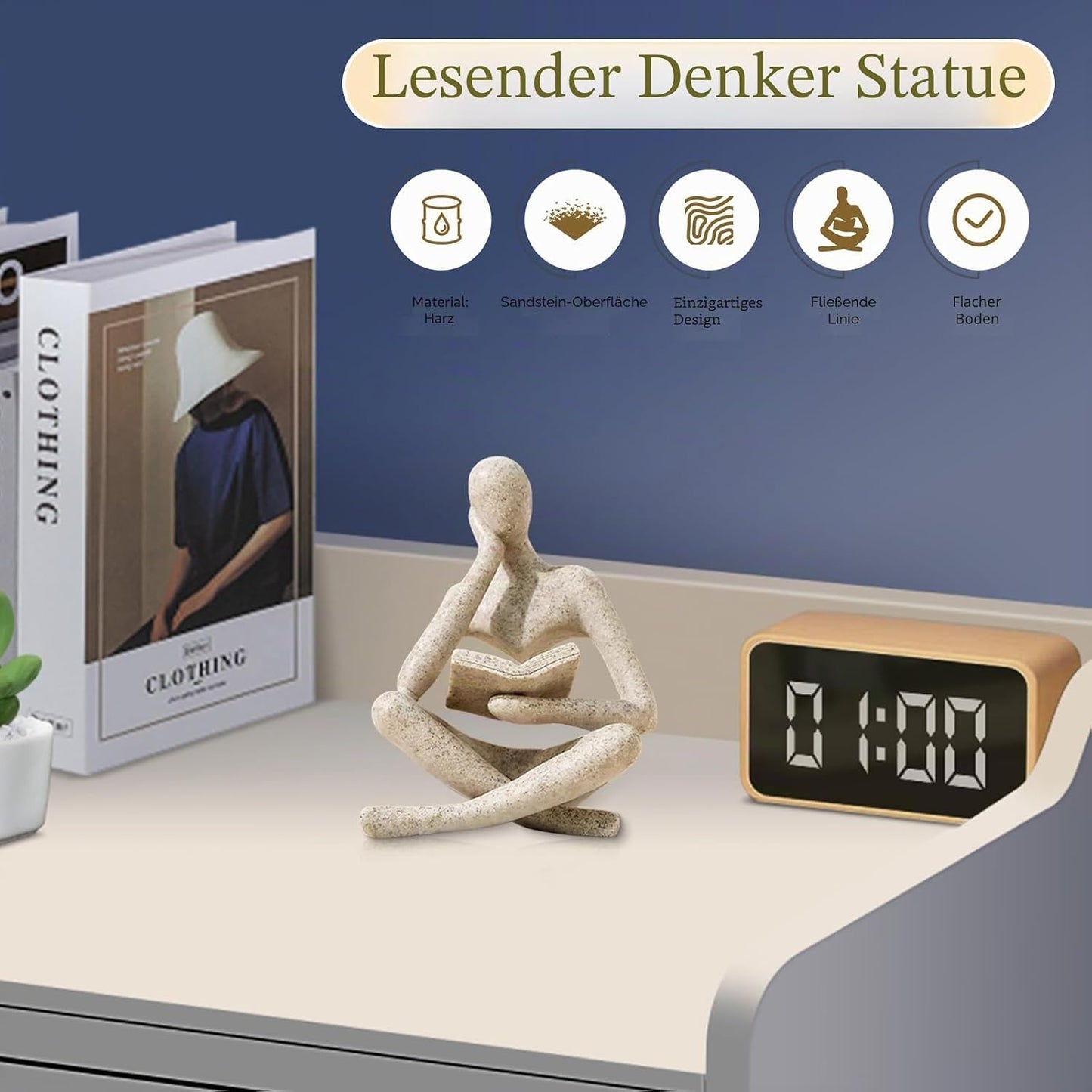 UTTCMK Bookshelf Decoration Thinker Statue Abstract Art Reading Thinking Sculpture Figurine Aesthetic Modern Home Decoration for Living Room Office Shelves Coffee Table Desk Decoration (Beige)