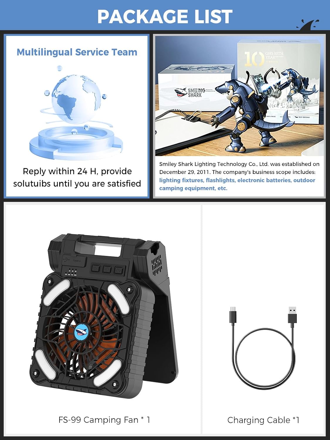 Smiling Shark Camping Ventilator LED, 6000mAh USB Aufladbar Tragbar Zelt Ventilator light 4 Speeds & 3 Timer 90° Faltbare Kabellos Solar LED Camping Fan with Power Bank für Reisen Fishing Wandern
