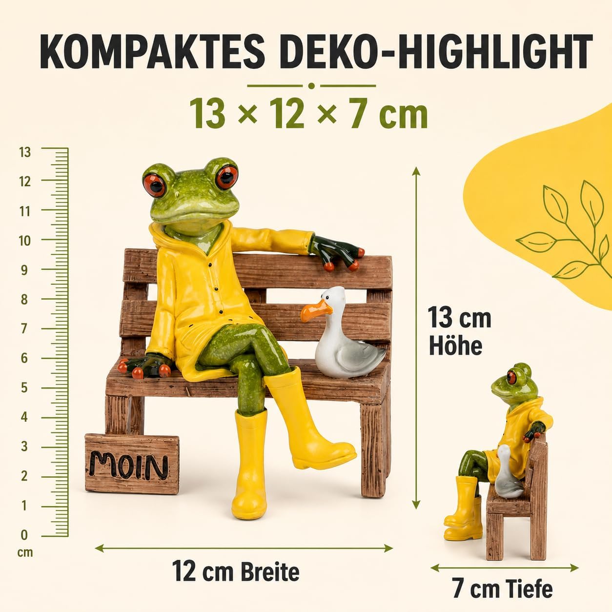 formano Frog on Bench with Moin Greetings and Seagull Made of Artificial Stone, Hand-Painted, 13 cm, North German Frog with Yellow Wellington Boots and Rain Parker