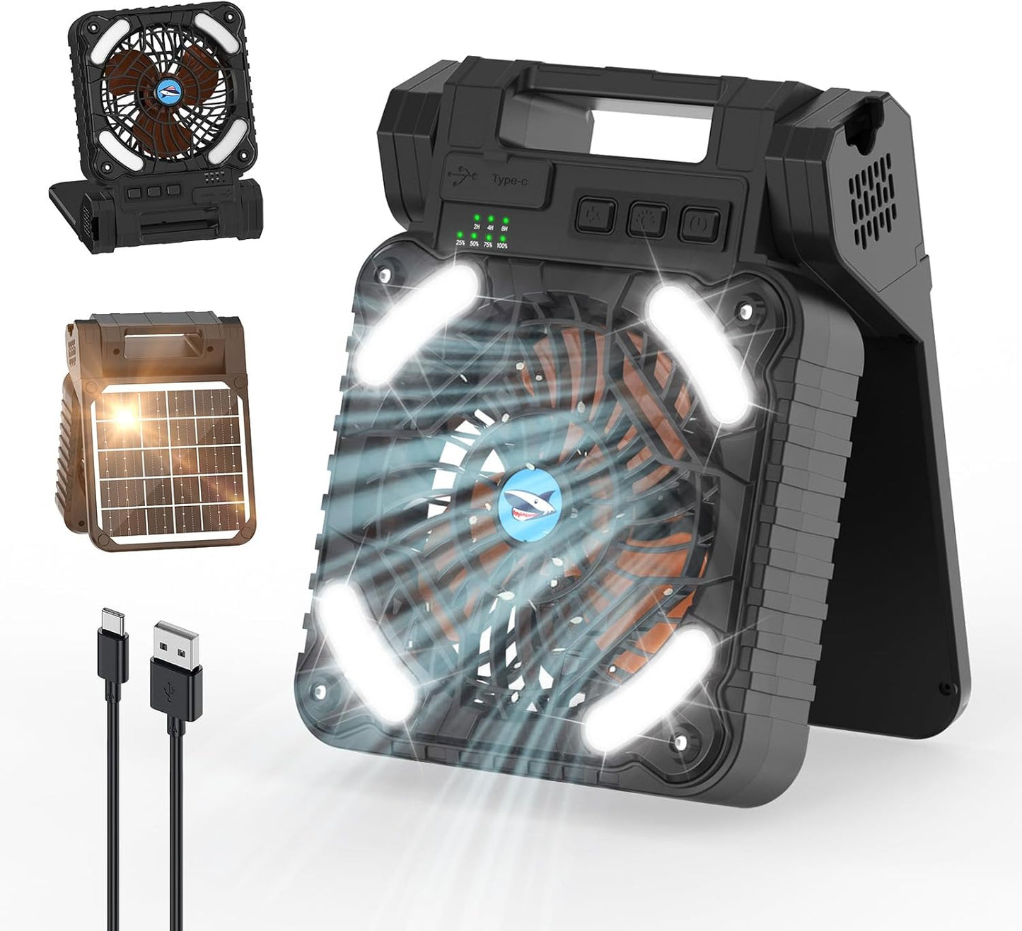 Smiling Shark Camping Ventilator LED, 6000mAh USB Aufladbar Tragbar Zelt Ventilator light 4 Speeds & 3 Timer 90° Faltbare Kabellos Solar LED Camping Fan with Power Bank für Reisen Fishing Wandern