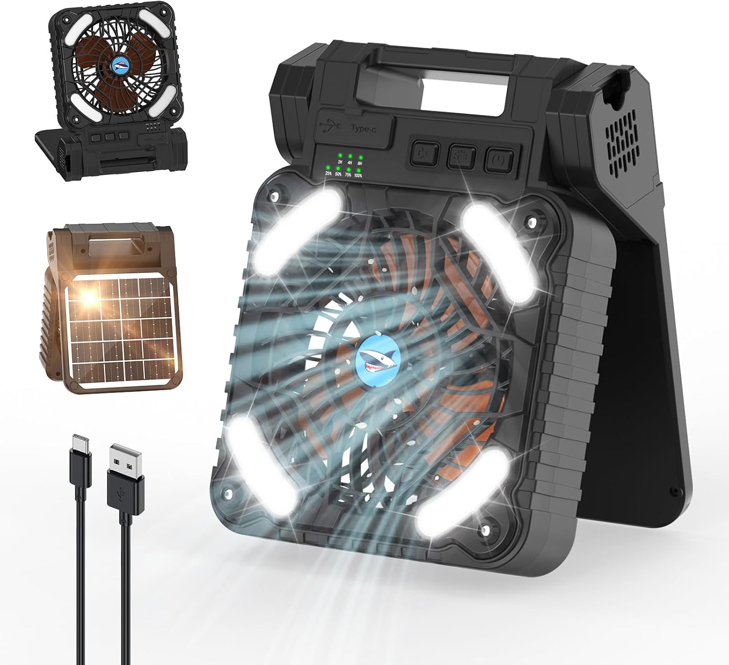 Smiling Shark Camping Ventilator LED, 6000mAh USB Aufladbar Tragbar Zelt Ventilator light 4 Speeds & 3 Timer 90° Faltbare Kabellos Solar LED Camping Fan with Power Bank für Reisen Fishing Wandern