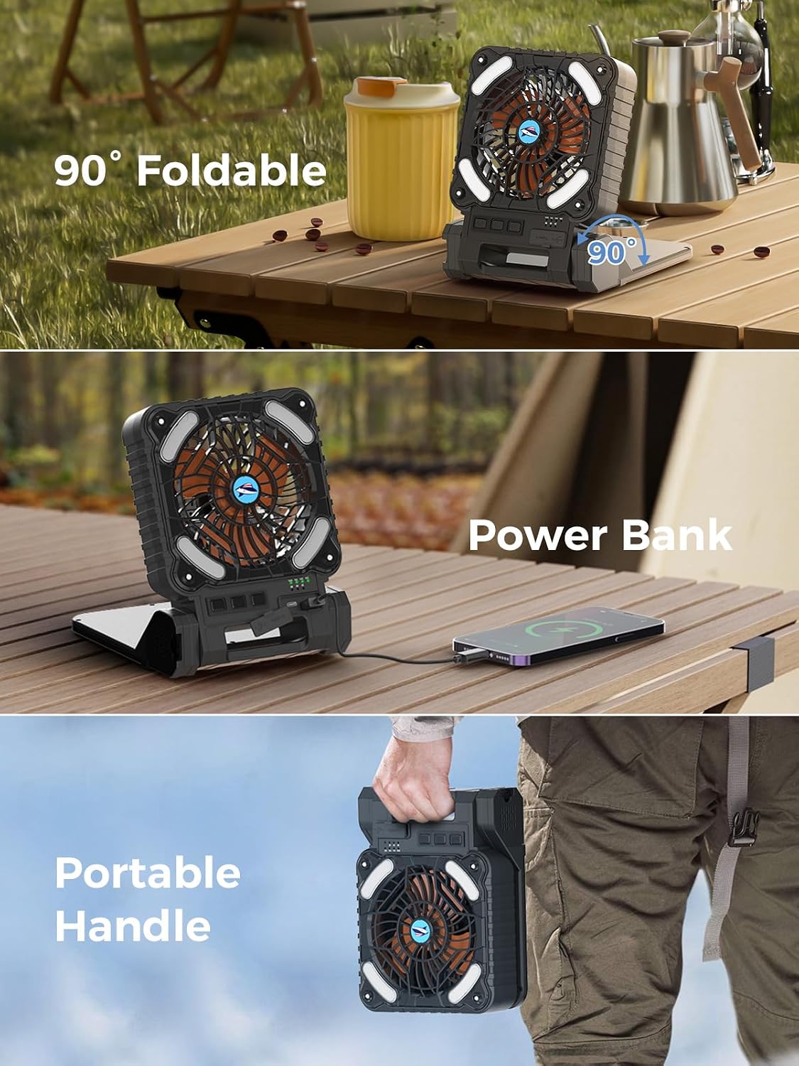 Smiling Shark Camping Ventilator LED, 6000mAh USB Aufladbar Tragbar Zelt Ventilator light 4 Speeds & 3 Timer 90° Faltbare Kabellos Solar LED Camping Fan with Power Bank für Reisen Fishing Wandern