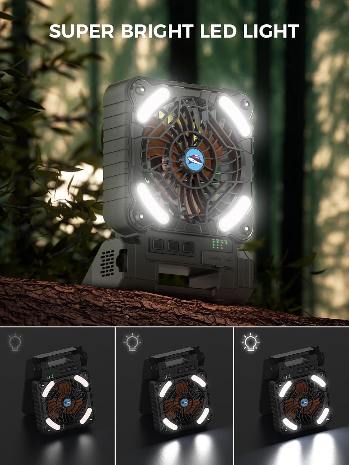 Smiling Shark Camping Ventilator LED, 6000mAh USB Aufladbar Tragbar Zelt Ventilator light 4 Speeds & 3 Timer 90° Faltbare Kabellos Solar LED Camping Fan with Power Bank für Reisen Fishing Wandern