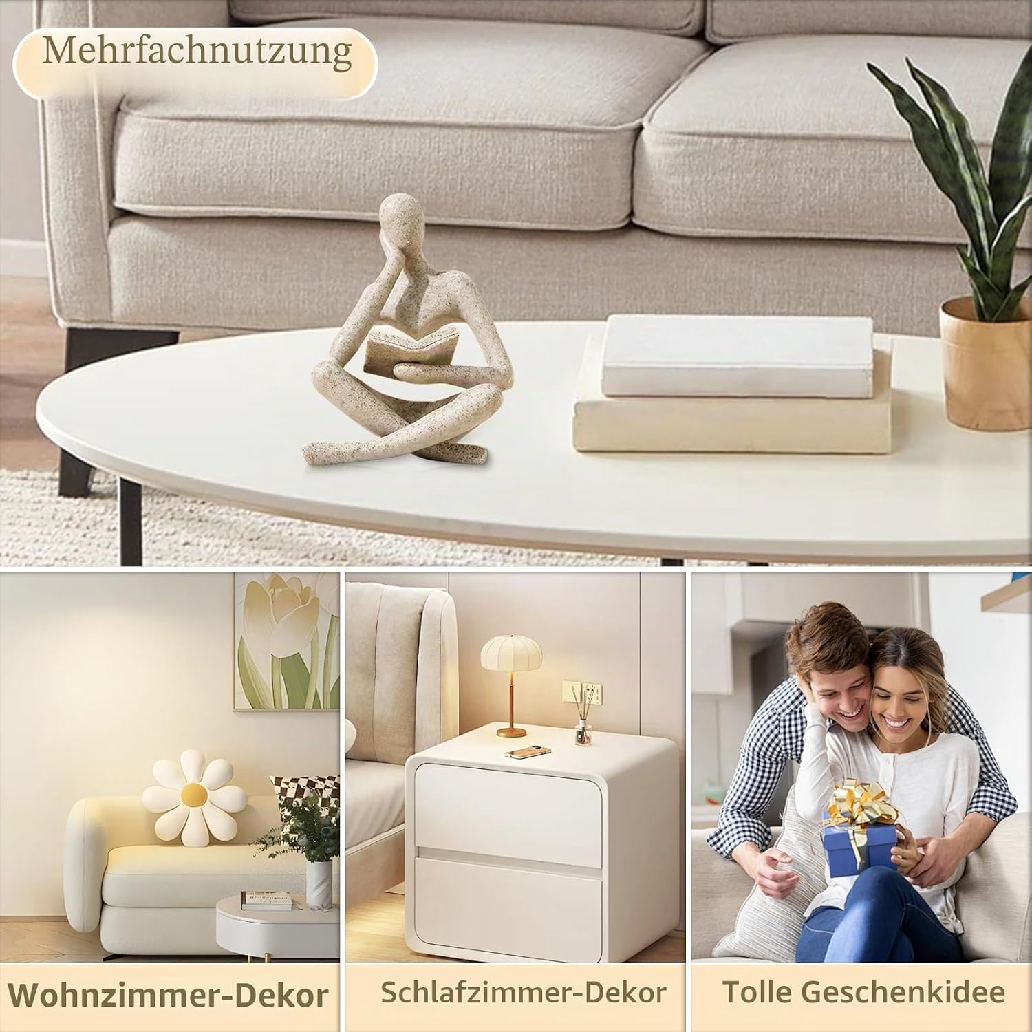 UTTCMK Bookshelf Decoration Thinker Statue Abstract Art Reading Thinking Sculpture Figurine Aesthetic Modern Home Decoration for Living Room Office Shelves Coffee Table Desk Decoration (Beige)