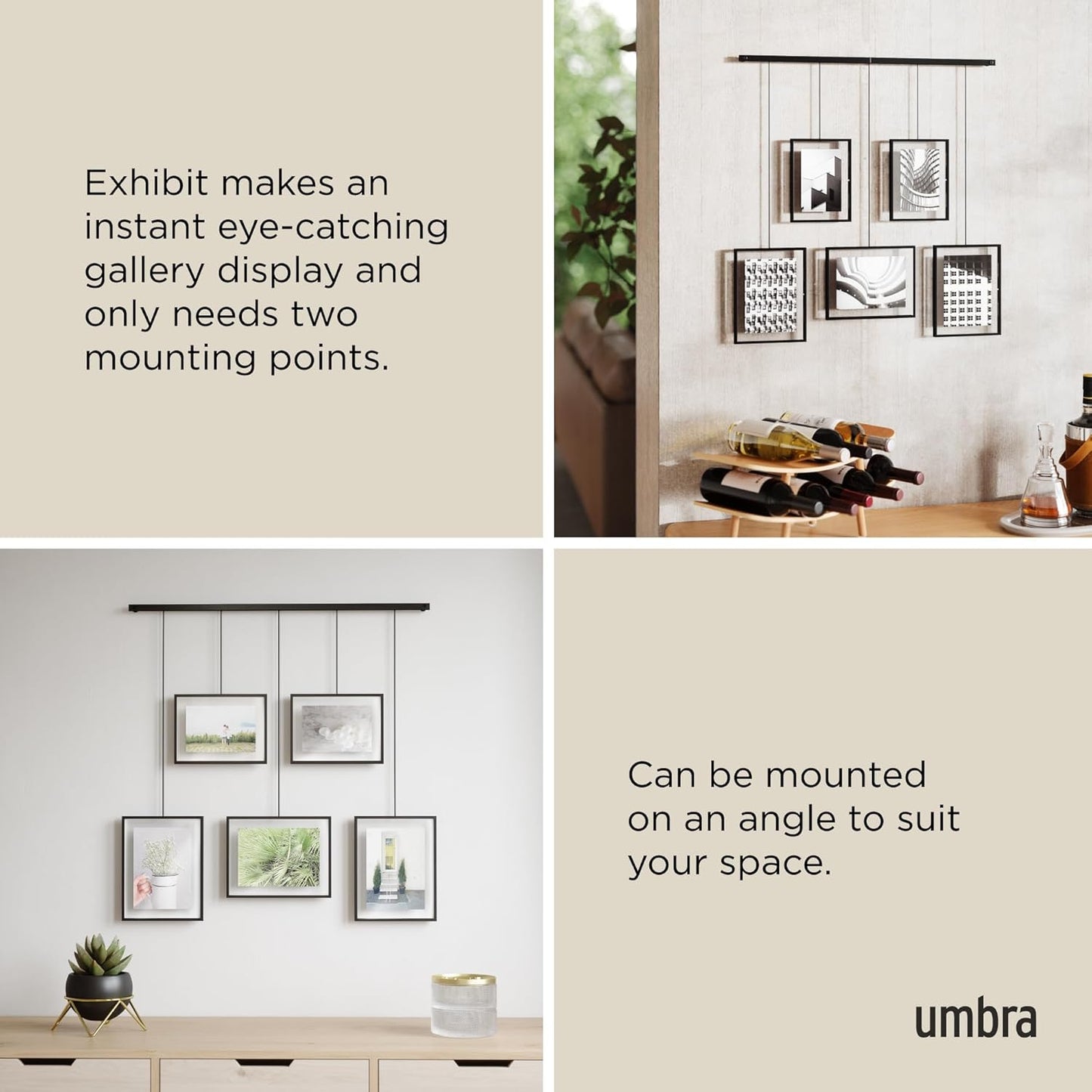 Umbra Exhibit Picture Frame Gallery Set, Adjustable Wall Collage Displays Five Photos (Two 4x6 and Three 5x7), Set of 5, Black