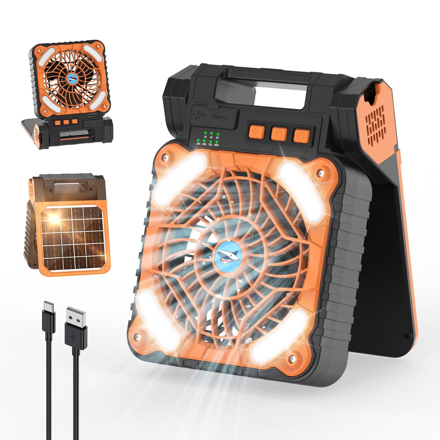 Smiling Shark Camping Ventilator LED, 6000mAh USB Aufladbar Tragbar Zelt Ventilator light 4 Speeds & 3 Timer 90° Faltbare Kabellos Solar LED Camping Fan with Power Bank für Reisen Fishing Wandern