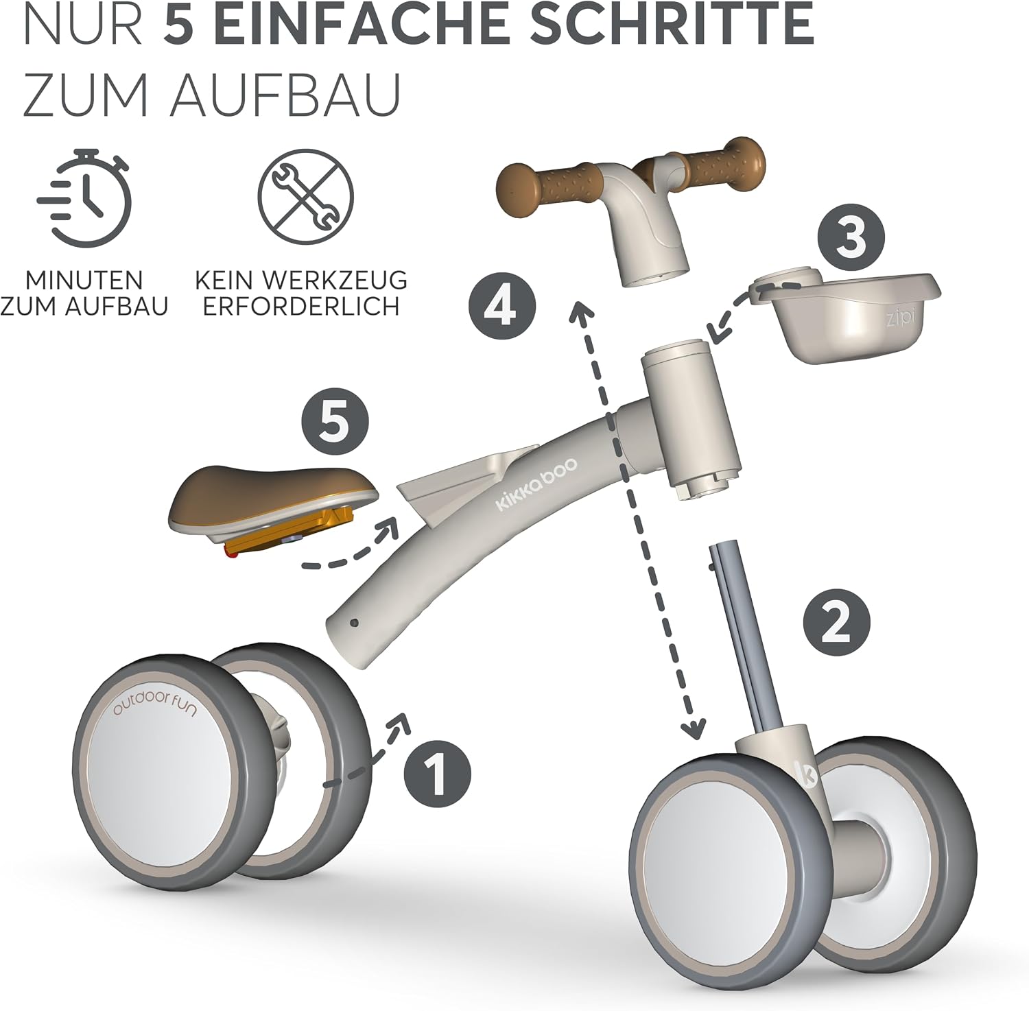 KikkaBoo Zipi Bicycle Without Pedals, Balance Bike with Basket, Adjustable, Children's Toy, Baby Gift