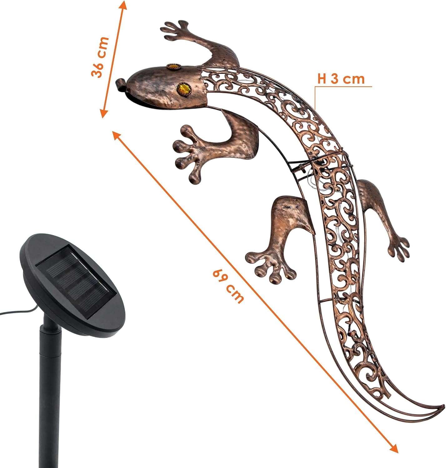 Solar Wall Picture Gecko in Bronze with 10 LEDs and Twilight 69 x 36 cm | Metal Wall Decoration for Outdoor Use Warm White Illuminated Lighting Wall Light Garden Light Decorative Light Mood Light