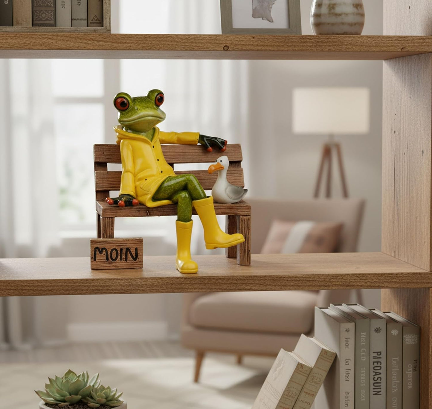 formano Frog on Bench with Moin Greetings and Seagull Made of Artificial Stone, Hand-Painted, 13 cm, North German Frog with Yellow Wellington Boots and Rain Parker