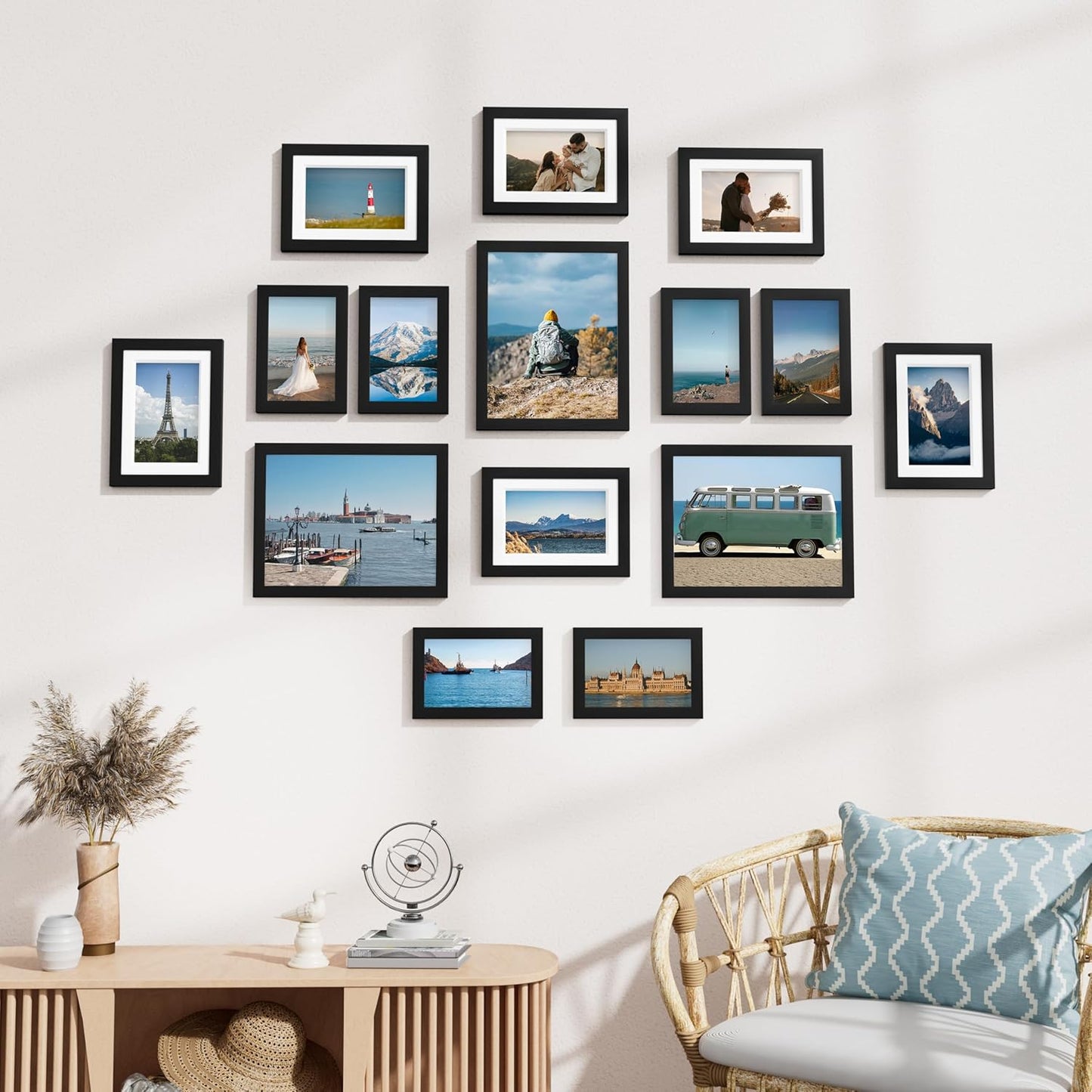 Vittanly 15 Pack Picture Frames Collage Wall Decor for Mounting or Tabletop Display, Gallery Frame Set for Family, Multi Sizes Including 3pcs 8x10, 6pcs 5x7, 6pcs 4x6, Black