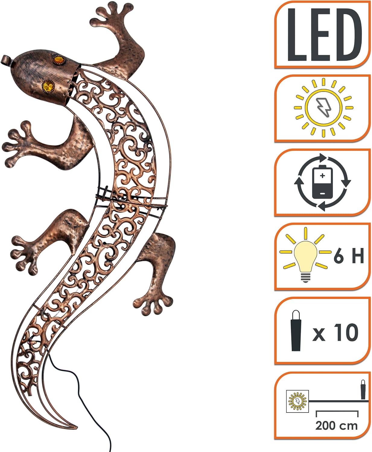 Solar Wall Picture Gecko in Bronze with 10 LEDs and Twilight 69 x 36 cm | Metal Wall Decoration for Outdoor Use Warm White Illuminated Lighting Wall Light Garden Light Decorative Light Mood Light