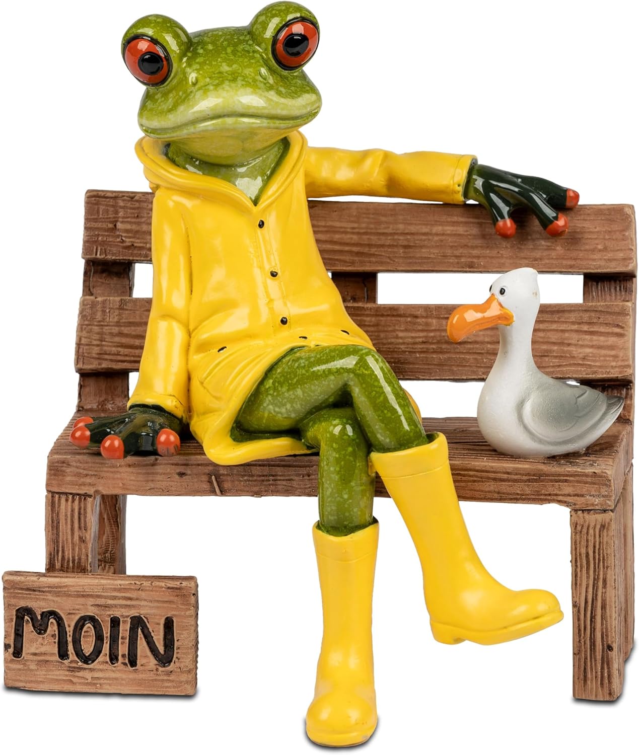 formano Frog on Bench with Moin Greetings and Seagull Made of Artificial Stone, Hand-Painted, 13 cm, North German Frog with Yellow Wellington Boots and Rain Parker