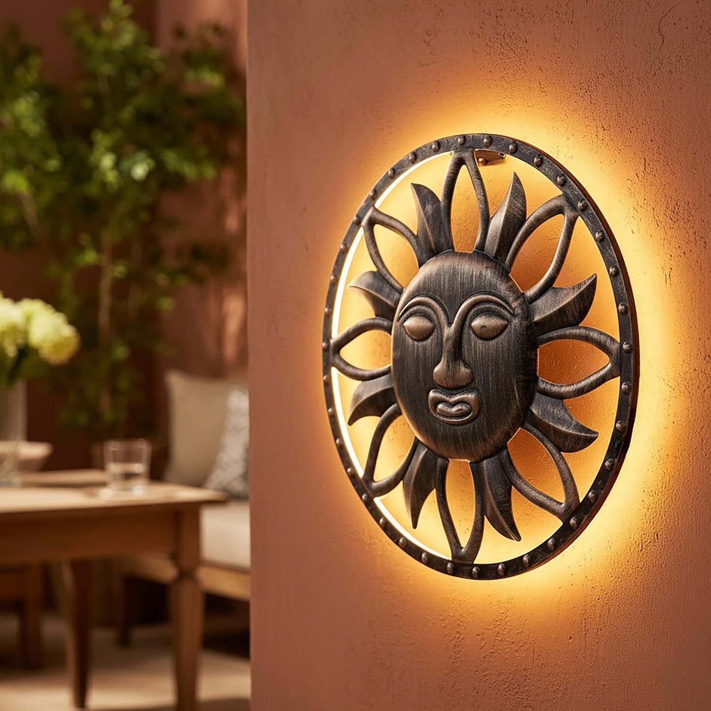 Spetebo Solar Wall Picture Sun in Bronze with 25 LEDs - 37 cm | Garden decorative wall lighting wall light garden light decorative light mood light