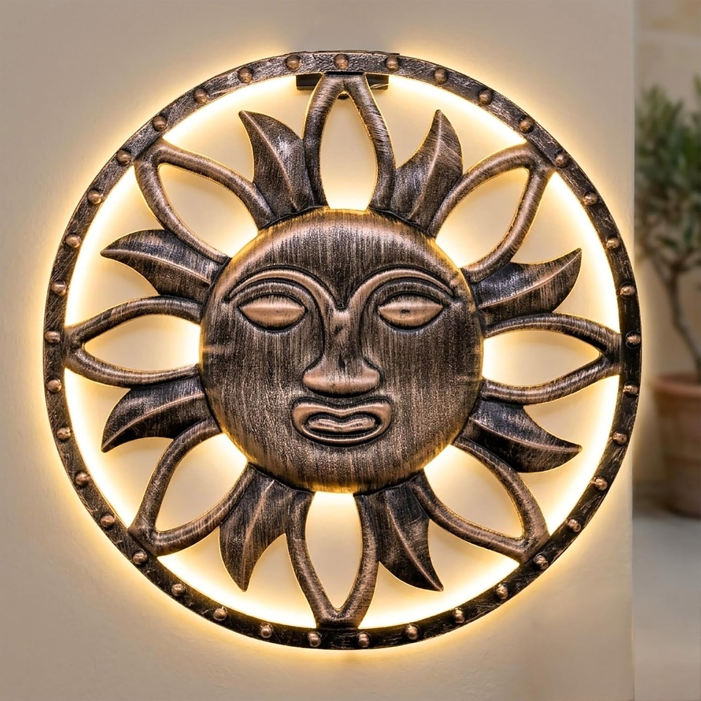 Spetebo Solar Wall Picture Sun in Bronze with 25 LEDs - 37 cm | Garden decorative wall lighting wall light garden light decorative light mood light
